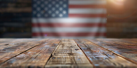 Empty wooden table to place advertising or product, you can see out of focus American flag in the background, 4th of July celebration