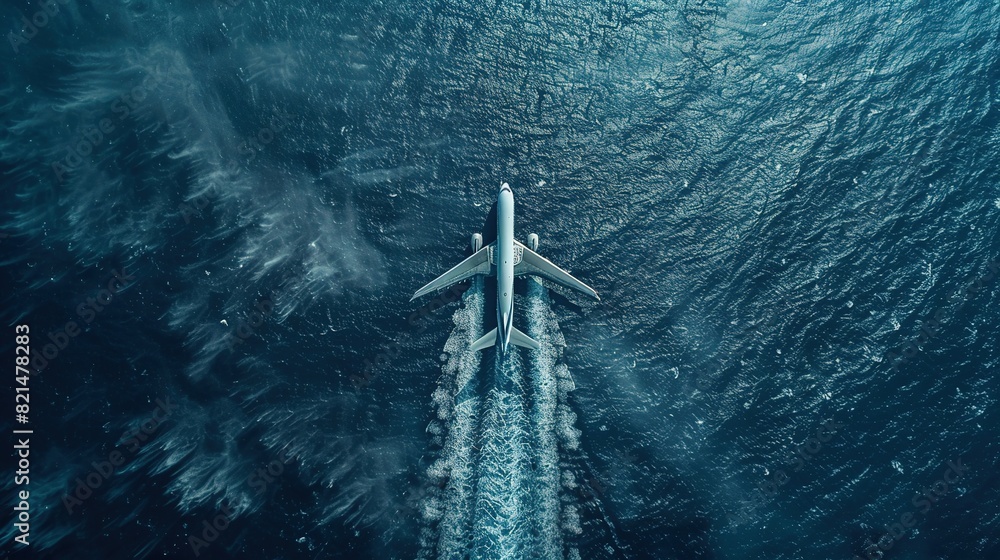 Canvas Prints View from above of a passenger or cargo jet plane flying over the vast blue ocean, capturing the essence of global travel and aviation