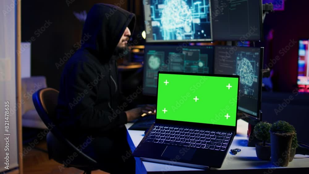 Poster isolated screen laptop used by cybercriminal in underground hideout to write lines of code and malwa