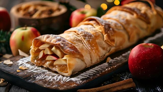 Freshly baked apple strudel on wooden cutting board with apples in background