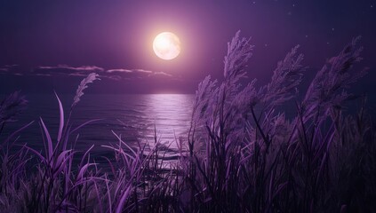 A purple moonlight shining on tall grass near the water