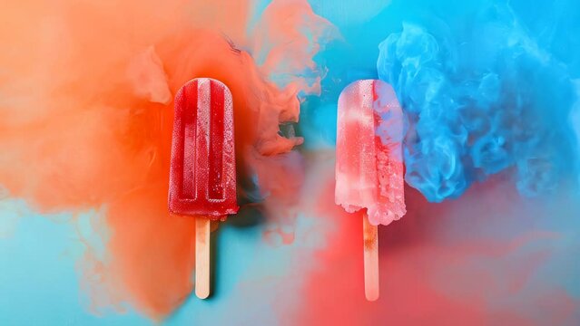 Two melting popsicles on vibrant blue and red background with swirling smoke