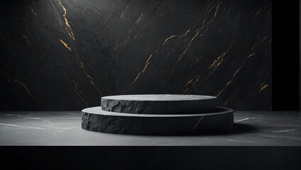 3D Dark Rock Platform for Product Display, Elegant Black Stone Podium with Minimalist Geometric Marble Showcase in an Abstract Studio Setting