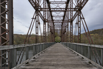 railway trestle bridge detail (steel and wooden crossing over croton reservoir) pedestrian walkway for biking cycling converted to rail trail (putnam railroad) yorktown heights new york (walking bike) © Yuriy T