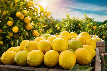 Sunny orchard with ripe lemons on trees and in a wooden crate. Freshly harvested lemons, background