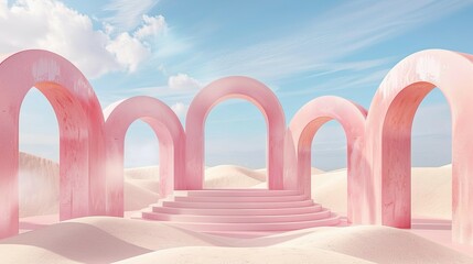 Fototapeta premium 3D Render: Abstract Surreal Pastel Landscape with Arches and Product Podium