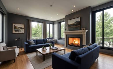 Modern professional photograph of a navy blue and silver luxury living room interior with floor-to-ceiling windows and a cozy fireplace