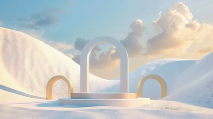 3D Render: Abstract Surreal Pastel Landscape with Arches and Product Podium