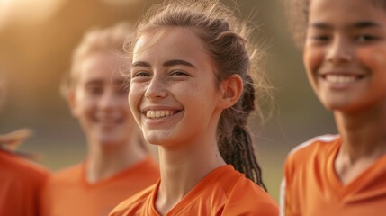Happy confident young female football soccer player together with her teammates outdoor on the field, concept of teenager soccer training, teamwork, female player, sports.