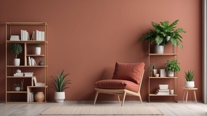Empty wall mock up with chair, shelf with books and plant in vase in Red Clay living room interior