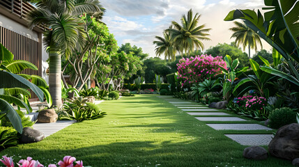 Obraz premium a lush garden featuring pink and purple flowers under a cloudy blue sky