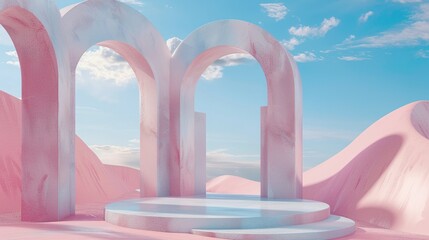Fototapeta premium Surreal Pastel Landscape: 3D Render with Arches and Product Podium