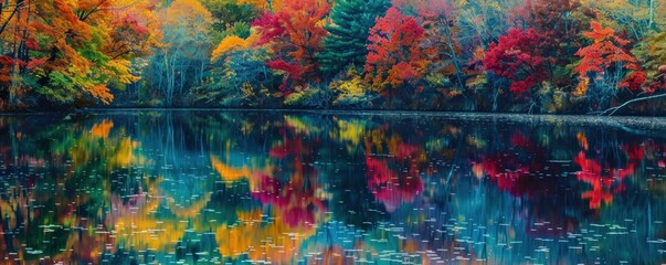 A beautiful lake with a forest in the background. The water is blue and the trees are red and yellow