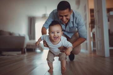 Young latinamerican father teaching his baby to walk, smiling, father's day concept