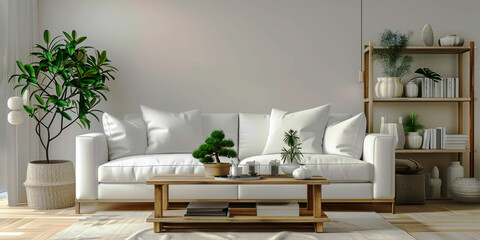 A living room with a white sofa, a wooden coffee table, and green plants on the floor. The walls...