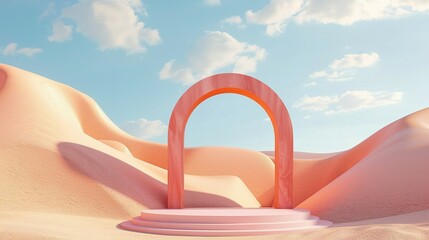 3D Render Pastel Landscape: Arches and Podium, Blue Sky and Clouds