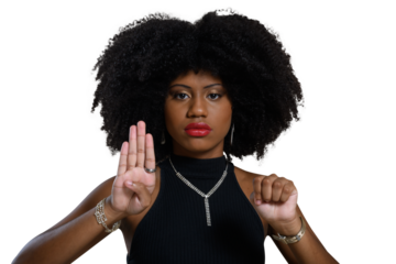 black woman gestures with her hand for help, denounces aggression, cowardice, violence against women, no to racism	