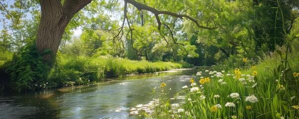 A serene scene of a river with a tree in the foreground. The water is calm and the grass is lush. Concept of peace and tranquility