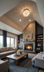 Modern professional photograph of a navy blue and silver luxury living room interior with floor-to-ceiling windows and a cozy fireplace