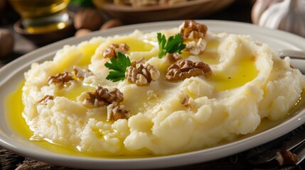 Plate of mashed potatoes with chopped walnuts and parsley