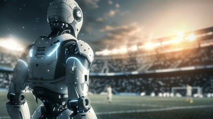 Naklejka premium Robot playing soccer match. Modern and professional technologies with football. Generate AI