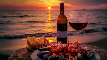 Seafood dinner on the beach at sunset with a bottle of red wine and glasses, Dinner with seafood and red wine against the backdrop of a sea sunset, AI Generated