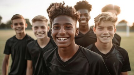 Obraz premium Smiling team photo of a soccer or football team consisting of a young and diverse group of young men