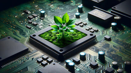 illustration of electronic circuit board with processor and green indication