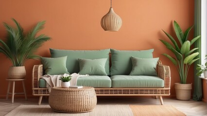 Home interior with Grassy Green rattan sofa, Pastels pillows, lamp and green plants in living room