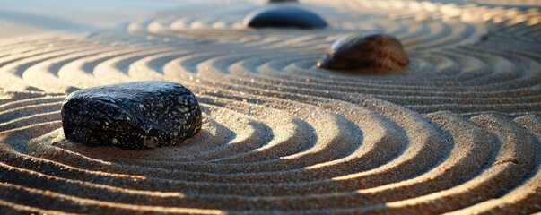 Naklejka premium A rock garden with a circle of sand and rocks, zen garden