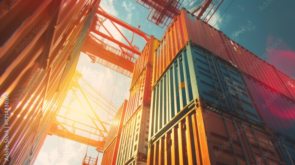 Aufkleber container loading in a cargo freight ship with industrial crane. container ship in import and export