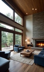 Modern professional photograph of a navy blue and silver luxury living room interior with floor-to-ceiling windows and a cozy fireplace