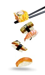 Fresh tasty sushi rolls with ingredients