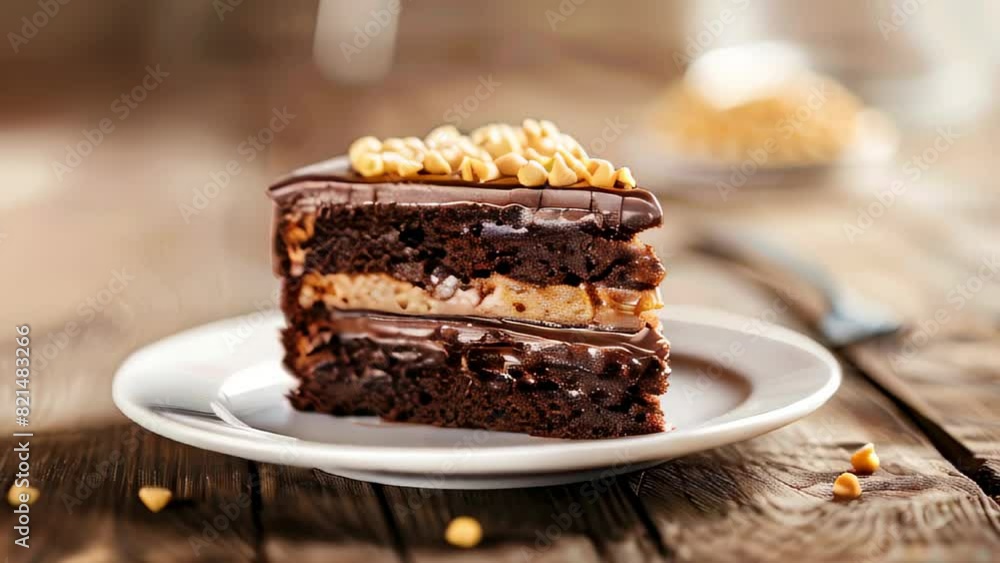 Poster slice of chocolate layer cake with peanut toppings on white plate