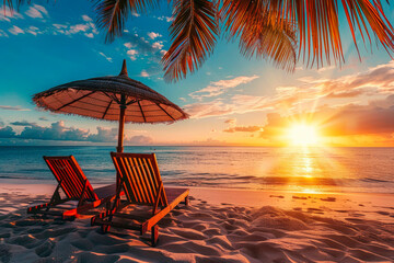 Amazing sunset beach. Romantic couple chairs umbrella sun rays. Tranquil togetherness love wellbeing, relax beautiful landscape. Getaway tropical island coast palm leaves idyllic sea. Dream travel