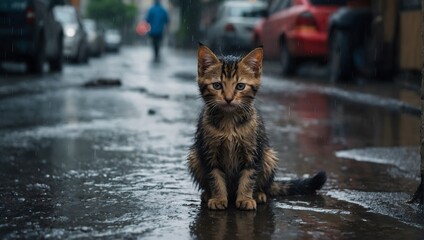 Stray homeless cat. Sad abandoned hungry kitten sitting alone in the street under rain. Dirty wet lost cat outdoors with blurred background.