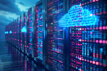 Illustrative image of computer servers on clouds representing cloud computing.Cloud Network Solution digital background. Cyber Security and Cloud Technology Concept.

