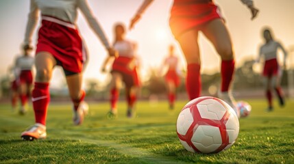 Obraz premium Sports team, teenage girl soccer and kick ball on field in a tournament,Fit adolescents compete to win match at school championship