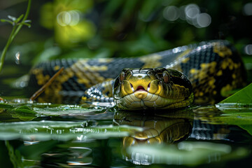 Fototapeta premium Anaconda snake swimming in a swamp, a captivating scene of reptilian danger, illustrating the majestic and perilous wildlife environment