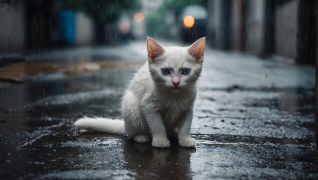 Stray homeless white angora cat. Sad abandoned hungry kitten sitting alone in the street under rain. Dirty wet lost cat outdoors with blurred background.