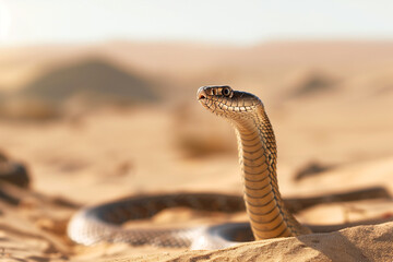 Camouflaged snake in the desert sands, expertly hidden and ready to strike, showcasing the venomous threat and the adaptive camouflage of reptiles in the wild