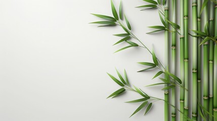 Top view of green bamboo stem and leaves on light background with space for text