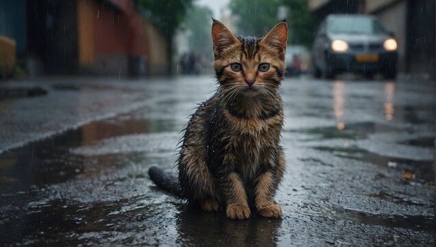 Stray homeless cat. Sad abandoned hungry kitten sitting alone in the street under rain. Dirty wet lost cat outdoors with blurred background.