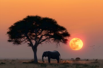 Fototapeta premium silhouette of an elephant at sunset, on safari, against the background of trees, African animals