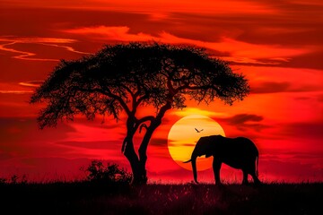 Fototapeta premium silhouette of an elephant at sunset, on safari, against the background of trees, African animals