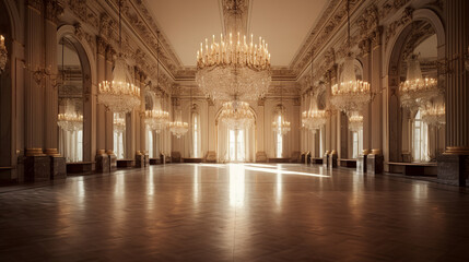 Fototapeta premium A photograph of an elegant ballroom with grand chandeliers hanging from the ceiling, the soft glow of candlelight illuminating the opulent space, reflections shimmering on polished marble floors, capt