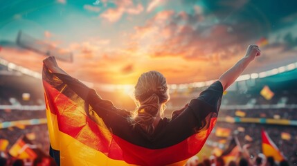 Young woman fan stands in stadium, arms raised high, holding Germany flag, embodying national pride and sports enthusiasm under sunset skies of eventful game day. Concept of sport competitions