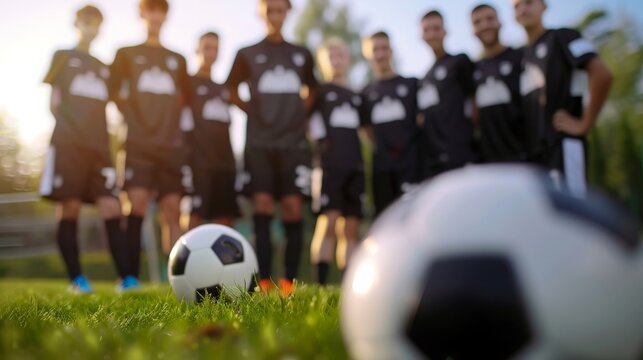 Youth soccer training with players practicing on field and standing in a row with black and white balls
