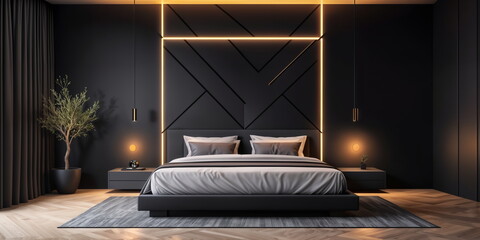 black bedroom with a large bed, a potted plant, and lights on.