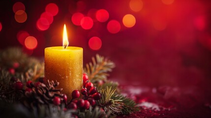 A yellow candle surrounded by pine cones, red berries, and green pine branches, set against a festive red background with bokeh lights.